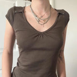 KYLETHOMASW  -  Folds V-neck Top Brown Vintage Slimming Button Short Sleeve T-shirt Casual Basic Streetwear Elegant Cargo Tops Summer