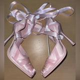 KYLETHOMASW  -  Romantic Ballerina Style Design Blush Satin Stiletto Heel Ballet Heels Long Ribbon Tie Wrapped Strap Design Elegant High Heels