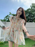 KYLTHOMASW  -   Y2k Floral Print Chiffon Blouse Women Flying Sleeve Perspective Fairycore Pleated Shirts Summer Fashion Aesthetic Tops