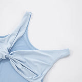 KYLETHOMASW  -  Women Fashion Sleeveless High Waist Ruched Club Party Dresses Elegant Light Blue Lace Draped See Through Sexy Mini Dress