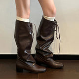 KYLETHOMASW  -  Women High Heels Knee High Boots Designer New Leather Shoes Winter Sexy Chunky Long Boots Lace Up Shoes Chelsea Botas Woman