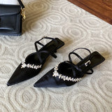 KYLETHOMASW  -  Spring CRYSTAL Pointed Toe Narrow Band Woman Pumps Sandals Elegant Thin Low Heels Slingbacks  Buckle Strap Female Shoes