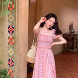 KYLETHOMASW  -  Elegant Vintage Floral Midi Dress Women Sweet Puff Sleeve Korean Slim Fairy Dress Female 2025 Summer Casual Evening Party Dress