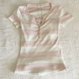 KYLETHOMASW  -  New Elegant Sweet Open Half Neck Short Sleeve Women T Shirt Harajuku Y2k Constrast Color Striped American Clothe Punk Streetwear