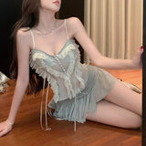 Kylethomasw Summer New High Street Pleated Lace-up Mesh Irregular Mini Skirt Women + Patchwork Sexy Slim Camisole Two-piece Suit