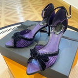 KYLETHOMASW  -  Sexy Lace Bowknot High Heels Women Pleated Designer Sandals Female Satin Pointed Toe Pumps Banquet Party Shoes Ladies