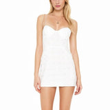 KYLETHOMASW  -  Women White Lace Hollow Out Embroidery With Wire Bra Chest Sling Mini Dress Romantic Backless Sling Party Club Bodycon Dresses