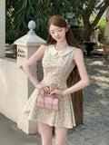 KYLETHOMASW  -  Sweet Floral Mini Dress Women Summer Sleeveless Peter Pan Collar Casual Dresses Kawaii Bow Lace Patchwork Fashion A Line Dress