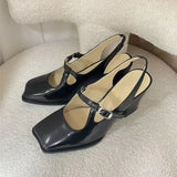 KYLETHOMASW  -  Fashion Black Patent Leather Mary Janes Slingbacks Women Pumps Spring Summer Wave Toe Chunky High Heels Office Lady Daily Shoes
