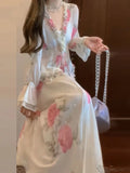 KYLETHOMASW  -  Elegant Floral Print Skirt Set Spring Ruffle V-Neck Lace-up Blouse+A-Line Midi Skirt Women Casual Holiday Two Piece Outfit 273A