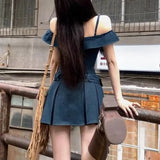 KYLETHOMASW  -  Denim Mini Dresses Ruffles Slash Neck Spring Summer Solid Vintage Y2k Vestidos Mujer Korean Fashion Sexy Women Dress