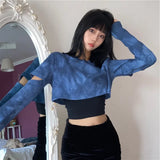 KYLETHOMASW  -  Women's Blue Tie Dye Cutout Layered Long Sleeve Cropped Blouse Casual Fashion Top