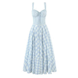 KYLETHOMASW  -  Women Lace Up Bandage Back Patchwork Plaid Dress Sexy Corset Style A-line Midi Casual Summer Dresses Sling Robe