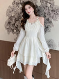 KYLETHOMASW  -  Elegant Princess Mini Dress for Women Sequin Off Shoulder Ruffle Long Sleeve A-Line Vestidos Vintage Korean Female Short Dresses