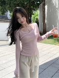 KYLETHOMASW  -  French Women Beige V-neck Holiday Cotton Sweater Autumn Pink Long Sleeve Knitted Pullover Tops Fashion 2024 Clothing Streetwear 