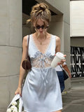 KYLETHOMASW  -  Woman Chic Casual Light Blue Satin Lace Mini Dress Sexy V-neck Tie Front Sleeveless Slip Dresses New Party Club Vestidos