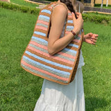 KYLETHOMASW  -  Retro Contrasting Striped Straw Woven Shoulder Bag Hand Crocheted Large Capacity Bag Casual Beach Vacation Hand-held Straw Bag