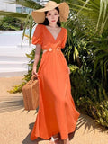 KIylethomasw Women Orange V Neck Waist High Hollow Out Pleated Dress Summer Fashion Vintage Short Sleeves Chic Elegant Long Dresses