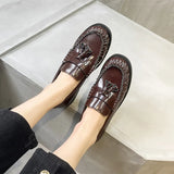 KYLETHOMASW  -  Patent Leather Tassel Design Women Loafers Luxury Square Heel Flat Shoes Comfortable College Style Women Shoes Zapatos De Mujer
