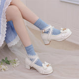 KYLETHOMASW  -  Women Lolita Pumps Round Toe Thick Mid Heels Cross Strap Buckle Bow Kawaii Ladies Fashion Cosplay Shoes Winter Beige 46