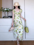 KYLETHOMASW  -  Floral Long Skirt Slimming Waist Design Summer Vaion Travel Women's Dr High Waist A-Line Stand Fit V-Ne Casual Wear