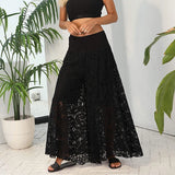 Kylethomasw -  Spring Jacquard Liner Pants Female High Waist Wide-leg One Piece Trousers Elegant Hollow Lace-Mesh Patchwork Long Pant