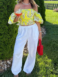 KYLETHOMASW  -  Trendy Yellow Floral Print Puff Sleeve Corset Top Cute Square Neck Ruched Crop Top Summer Vacation Outfit Women's Clothing