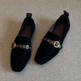KYLETHOMASW  -  Fashion Metal Belt Buckle Design Loafers Woman Shoes Retro Suede Square Toe Flats Street Style Comfort Casual Shoe Zapatos Mujer