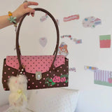 KYLETHOMASW  -  Retro Y2k Rose Print Underarm Bag Women Brown Polka Dot Lock Large Capacity Handbag Ladies Sweet Cute Versatile Shoulder Bag New