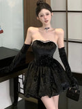 KYLETHOMASW  -  Sexy Black Velvet Womens Dresses Y2K Strapless Birthday Party Mini Dress Korean Slim Waist A-Line Short Vestidos Female Clothing