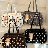 KYLETHOMASW  -  Polka Dot Canvas Tote Bag Pleated Drawstring Design Large Capacity Women Shoulder Bag Casual Daily Shopping Travel Handbag