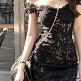 KYLETHOMASW  -  French Hepburn Style Lace Hollow One-shoulder Dress for Women Pure Sexy Sexy Hot Girl Waist-hugging Short Skirt