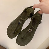 KYLETHOMASW  -  Summer Women's Blue Suede T-Strap Flip Flops Metal Decor Flat Sandals Ankle Strap Casual Slingback Slippers Beach Shoes