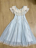 KYLETHOMASW  -  Japanese Kawaii Princess Chiffon Off Shoulder Ruffles Lace Light Blue Midi Dress Women Girls Bow Tie Waist Daily Tea Party Wear