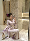 KYLETHOMASW  -  Dresses Women Sexy Elegant Mesh Patchwork Flare Long Sleeve Bow Bandage V Neck Ruffles Patchwork Party Dress Ladies