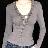 KYLETHOMASW  -  Y2k Clothes Ruffles T Shirt for Women Solid V Neck Fleece Autumn Winter Ropa De Mujer Japanese Style Retro Short Tees