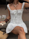 KYLETHOMASW  -  Spicy Girls White Summer Square Neck Tie Front Corset Waist Eyelet Ruffle Hem Mini Dress Women Girls Vacation Party Daily Wear