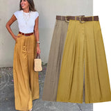 KYLETHOMASW  -  Minimalist Gold Satin Wide Leg Pants Women's French Office Ladies Lazy High Waist Loose Pants Trousers Women
