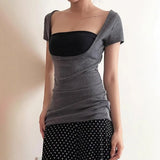 KYLETHOMASW  -  Fake two square neckline slimming short sleeved T-shirt with spicy girl temperament, backless and waist cinching bottom top