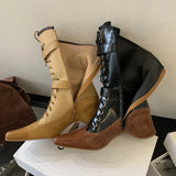KYLETHOMASW  -  Yellow Cowboy Boots Women Lace Up Belt Buckle Block Heels Mid-calf Western Boots Autumn Vintage Designer Shoes Black Botas Mujer