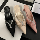 KYLETHOMASW  -   Satin Designer Pointed Heeled Sandals Women Rhinestone Stiletto Heel Slides Elegant Pleated Fashions Mules Pumps Slippers Women