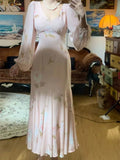 KYLETHOMASW  -  French Pink Floral Dresses Long Sleeved Women New Exquisite Fashion V-neck Temperament Waist Thin Dress Vestido