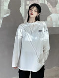 Kylethomasw Off Shoulder Zipper T-shirts Women Streetwear Zip Up Long Sleeve Loose Tee Design Harajuku Hip Hop 0-neck Grunge Clothes