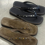 KYLETHOMASW  -  Cowhide Version~Niche Retro Suede Rhinestone Thick-Soled Flip-Flops for Women Outdoor Beach Flat Sandals