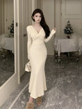KYLETHOMASW  -  Sweet Hot Girl Sexy V-neck Twisted Dress Women's Autumn Lace-up Slim Fit Hip Wrapped Mermaid Long Dress Fashion Female Clothes