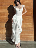 KYLETHOMASW  -  Fashion 2025 Summer White Ruffles Irregular Long Holiday Dress Fairy Women Sheer Mesh Sleeveless Vacation Beach Seaside Dress