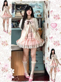 KYLETHOMASW  -  Japanese Vintage Lace Pink Kawaii 3-piece Set Women's Designer Sweet Elegant Cute Bow Sling Tops + Cake Short Skirt Suit New