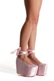 KYLETHOMASW  -  Pink Satin Platform Square Toe Wedge Heels Extreme Chunky Sole Ankle-Wrapping Straps Bow Accents Shoes for Harajuku Style Looks