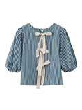 Kylethomasw  Casual Summer Stripes Shirts for Woman 2024 Fashion Round Neck Short Sleeves Bow Lace-up Tops Female Elegant Blouses