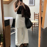Kylethomasw Vintage High Waist Lace-up Solid Color Wide Leg Pants Women Autumn New Fake Two-piece Lace Stitching Loose Casual Pants
